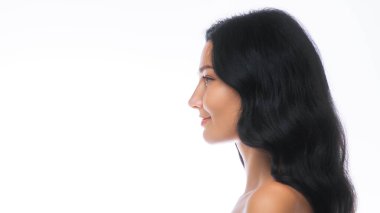 Yumuşak bir arka planda uzun siyah saçlı, gülümseyen bir kadının yüksek kaliteli görüntüsü. Güzellik blogları, cilt tanıtımları ve geniş kopya alanı olan kozmetik reklamları için ideal..