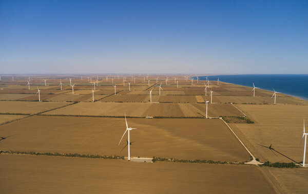 Aerial Shot Large Wind Farm Situated Coast Featuring Numerous Wind Stock Image