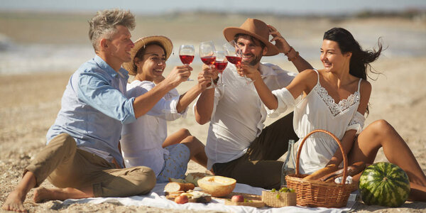 Adult Friends Making Toast Celebration Dinner Party Drinking Wine Eating Royalty Free Stock Images