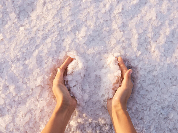 Close Shot Hands Gathering Pink Sea Salt Crystals Natural Salt Stock Photo