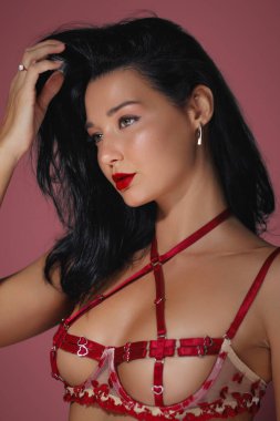 Koyu saçlı, kırmızı rujlu, kırmızı kayışlı iç çamaşırı giyen ve pembe arka planda poz veren baştan çıkarıcı bir kadın. Moda, iç çamaşırı ve güzellik kampanyaları için mükemmel, yüksek kalite ve