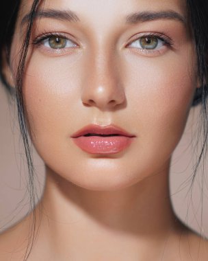 Doğal makyajı ve yeşil gözleri olan güzel bir kadının stüdyo yakın çekimi. Bu kaliteli görüntü güzellik, cilt bakımı ve kozmetik promosyonları için mükemmeldir, zarafet ve yüz cazibesini ön plana çıkarır..