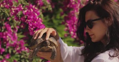 Güneş gözlüğü takan bir kadın çiçek açan çiçeklerle dolu bir bahçede kaplumbağayı nazikçe tutar. Doğa, vahşi yaşam ve yaşam tarzı için mükemmel. Yüksek kaliteli stok görüntüleri.