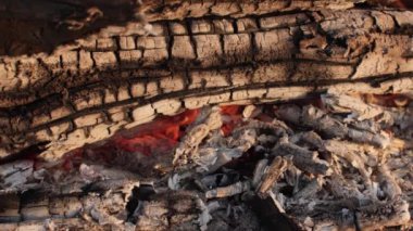 Kamp ateşinde parlayan közlerin ve yanmış odunların yakın çekimi, açık hava yangınlarının yoğun sıcaklığını ve kırsal cazibesini gösteriyor. Kamp, hayatta kalma ve vahşi yaşam deneyimleri teması için ideal.. 