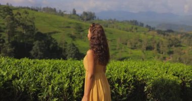 Sarı elbiseli bir kadın, Nuwara Eliya, Sri Lanka 'nın yemyeşil çay teraslarının ortasında manzaranın tadını çıkarıyor. Bu huzurlu ve güzel ortam eko-turizm ve seyahat için mükemmel.