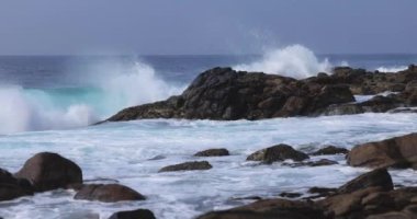 Sri Lanka 'da dalgaların kayalık bir kıyıya çarpıp okyanusun nefes kesen gücünü ve güzelliğini yakaladığı destansı süper yavaş çekim görüntüleri. Bu yüksek kaliteli stok videosu mükemmel.