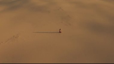 Doğada yolculuk videosu. Çölün doğal ortamında yürüyen güzel kırmızı elbiseli genç bir kadın. Destansı 4K sinematik dron hayat maceraları görüntüsü bir dünya keşfi