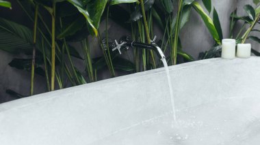 Çağdaş bir banyoda yemyeşil tropikal bitkilerle çevrili parlak beton bir küvete akan suyun yüksek açılı görüntüsü. Sahne huzurlu ve lüks bir spa atmosferini çağrıştırıyor.