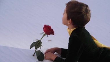 Küçük Prens gibi giyinmiş genç bir çocuk beyaz çöl kumuna uzanmış, düşünceli bir şekilde kırmızı bir gülü seyrediyor. Bu resim masumiyet, hayal gücü ve çocukluk hikayelerinin büyüsünü çağrıştırıyor..