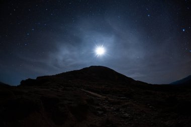 Beautiful night-time scene showcasing a bright full moon shining over a mountain peak, set against a starry sky. Perfect for themes related to nature, astronomy, and peaceful outdoor adventures clipart