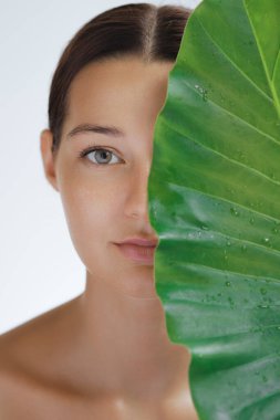 Yüzünün yarısı su damlacıkları olan büyük yeşil bir yaprak tarafından gizlenmiş bir kadının yakın plan portresi. Açık tenli bir kadın kısmen büyük yeşil bir yaprağın arkasına gizlenmiş, doğrudan kameraya bakıyor.
