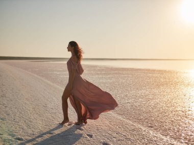 An elegant woman in a flowing dress strolls on the pink salt flats of Syvash Lake, Ukraine, during sunset. This high-quality image is ideal for travel ads, fashion promotions, and conceptual designs clipart