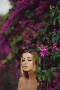 Canlı mor çiçeklere dalmış, gözleri kapalı, güzel sarışın bir kadının huzurlu yakın çekimi. Güzellik, doğa, rahatlama ve yaşam tarzı kavramları için mükemmel, sükunet ve zarafet sergiliyor..