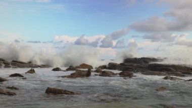 Ağır çekimde büyük okyanus dalgaları engebeli kıyı kayalarına çarparak parlak mavi bir gökyüzü altında beyaz köpük gökyüzüne doğru akar. Dramatik deniz manzaraları ve doğa görselleri için mükemmel..
