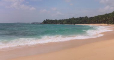 Tangalle, Sri Lanka 'daki Silent Beach' in altın kum, turkuaz dalgalar ve yemyeşil yemyeşil bir sahnesi. Seyahat, doğa ve tropik cennet kavramları için mükemmel.. 