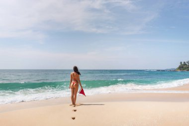 Noel tatili sırasında tropik bir plajda yürürken elinde Noel Baba şapkası olan kırmızı bikinili bir kadının dikiz görüntüsü. Plaj tatili, tropikal seyahat ve tatil için mükemmel.