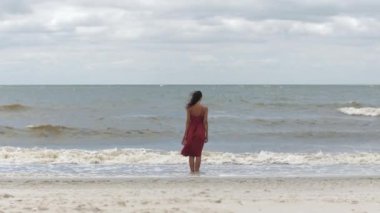 Kırmızı elbiseli bir kadın bulutlu bir günde denizin kenarında tek başına dalgaları seyrediyor. Bu canlandırıcı sahne yalnızlık, tefekkür ve iç gözlem temalarını yakalar, akıl sağlığı ve