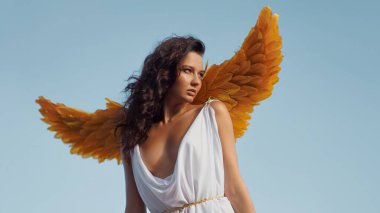 Ormanda yürüyen altın kuş kanatlarıyla sanat fotoğraflı fantezi kadın melek, peri gibi gizemli kız Yunan tanrıçası uzun beyaz, eski moda elbise yaratıcı mücevherler. Ağaçlar sisli ilahi güneş ışığı 