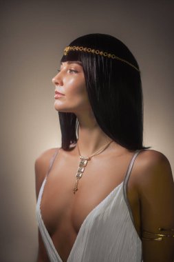 Kleopatra 'dan esinlenilmiş, beyaz önlüklü ve altın mücevherli bir kadının portresi. Tarafsız bir arkaplana karşı profil olarak çekildi. Bu resim zarafet ve gerçeklik yayar, ilgili konular için mükemmeldir.