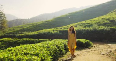 Akan sarı elbiseli bir kadın Nuwara Eliya, Sri Lanka 'daki yemyeşil çay tarlalarında yürüyor. Bu huzurlu ve resimli ortam doğanın güzelliğini, seyahat ve turizm için idealini yansıtıyor.