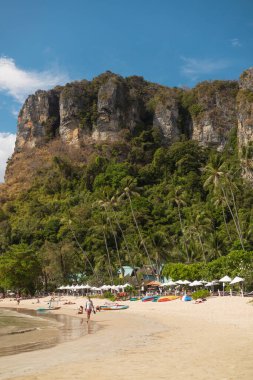 Ao Nang 'daki Pai Plong Sahili, Krabi, Tayland, kano, sahil şemsiyeleri ve yüksek uçurumların altındaki palmiye ağaçları, plaj tatili, tropikal tatil ve eko-turizm tanıtımı..