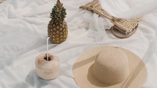 Flat Lay Tropical Summer Essentials Featuring Fresh Pineapple Coconut Drink