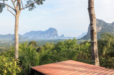Tayland, Krabi 'deki Din Daeng Doi perspektifindeki kireçtaşı dağlarının panoramik manzaralı yemyeşil bir güverteye yerleştirilmiş kırmızı ahşap güverte. Seyahat, eko-turizm ve tanıtım kullanımı için mükemmel..