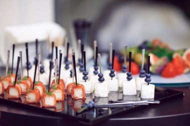 Şiş aperatifler ve peynir ısırıkları da dahil olmak üzere bir dizi gurme parmak yiyeceği siyah bir tabakta zarif bir şekilde dizilmiş. Bu kaliteli imaj, üst düzey etkinlik ve yemek servisi promosyonları için mükemmel..