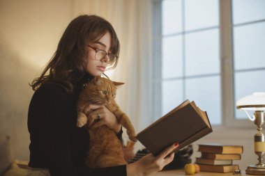 Ilık bir odada kitap okurken elinde turuncu bir kedi tutan gözlüklü genç bir kadın. Konforlu ortamda bir yığın kitap, bir lamba ve yumuşak pencere ışığı yer alıyor. Yaşam tarzı için mükemmel.