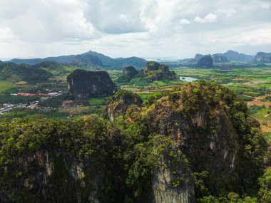 Yüksek çözünürlüklü kireçtaşı uçurumları ve Tayland 'ın Krabi kentindeki yemyeşil tarım arazilerinin dramatik bulutlar altındaki insansız hava aracı görüntüsü. Seyahat, eko-turizm, doğa tanıtımları ve çevre temaları için harika.