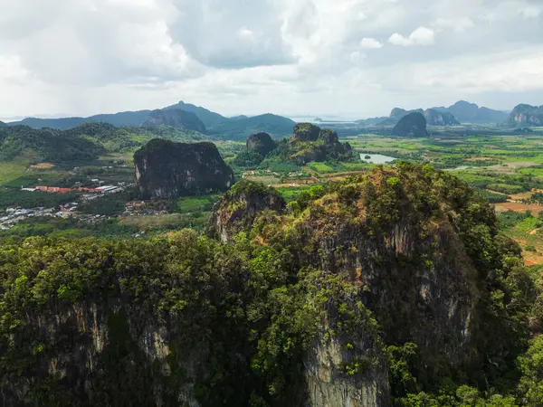 Yüksek çözünürlüklü kireçtaşı uçurumları ve Tayland 'ın Krabi kentindeki yemyeşil tarım arazilerinin dramatik bulutlar altındaki insansız hava aracı görüntüsü. Seyahat, eko-turizm, doğa tanıtımları ve çevre temaları için harika.