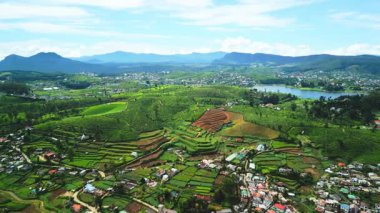 Nuwara Eliya 'nın Sri Lanka' daki sinematik insansız hava aracı geçidi, çay terasları, yamalı tarlalar ve dağların altında Gregory Gölü sergileniyor. Seyahat, harita ya da doğa içeriği için mükemmel..