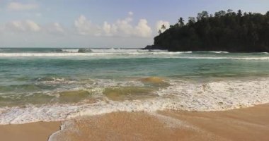 Yumuşak dalgaları ve ormanla kaplı burnu olan Sri Lanka sahilinin göz kamaştırıcı manzarası. Kavramsal videolarda, tropikal turizm reklamlarında ve kıyı yaşam tarzında kullanım için ideal.