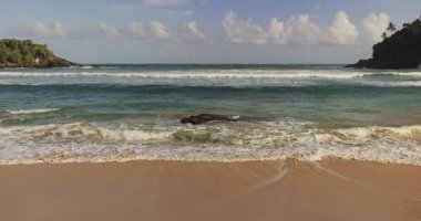 Sri Lanka 'nın güney kıyısındaki güzel altın plaj yemyeşil palmiye ağaçları ve yumuşak okyanus dalgalarıyla kaplı. Tatil tanıtımları, tropikal seyahat kavramları veya sakin doğa arkaplanları için ideal..