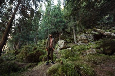 Açık hava kıyafetleri içinde bir adam yosun kaplı arazisiyle sık bir ormanı keşfediyor, yükselen ağaçlara bakıyor. Macera, doğa ve keşif kavramları için ideal. Promosyon kullanımı için yüksek kaliteli resim