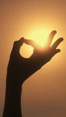 Gün doğumunda geleneksel bir yoga mudra 'sı oluşturan bir elin yakın plan silueti. Parlayan güneş parmaklarının arasında mükemmel çerçevelenmiş. Kavramsal manevi, sağlık ve farkındalık stok görüntüleri.