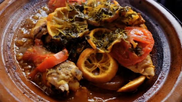 Traditional Moroccan Chicken Lemon Meat Tajine Tagine Meal Served Clay — Wideo stockowe