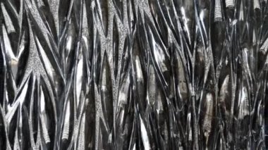 Detail of a slab with fossilized polished orthoceras fossils. Extinct cephalopods from the Sahara desert in Morocco. 4k footage.