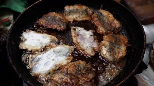 Frying Sardine Fish Filet Pan Medina Marrakesh Marrakech Morocco Street — Stock Video