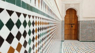Meknes, Morocco - July 25, 2022: Interior architecture of the Mausoleum of Moulay Ismail. Landmark, attraction, and important travel destination, touristic site of Meknes. 4k footage.