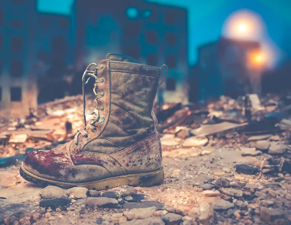 Dirty Bloody Army Boot Ruined War Zone City Night — Stock Photo, Image