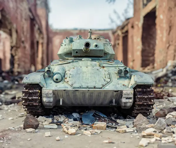 World War Era Tank Ruined European City Stock Photo