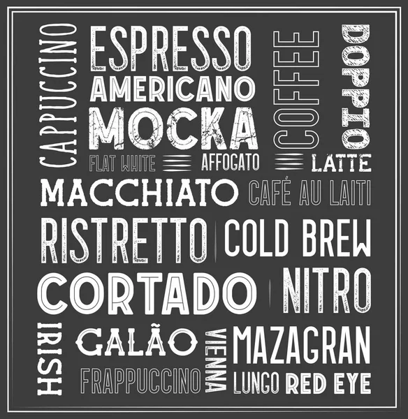 コーヒーの種類が多い黒板アート — ストックベクタ