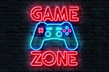 Oyun Alanı Neon İşareti Koyu tuğla zemin üzerinde 3D illüstrasyon.