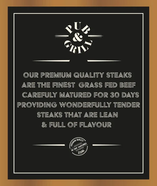 Pub Grill Premium Quality Napos Érlelt Steak Chalkboard Manu Jel — Stock Vector