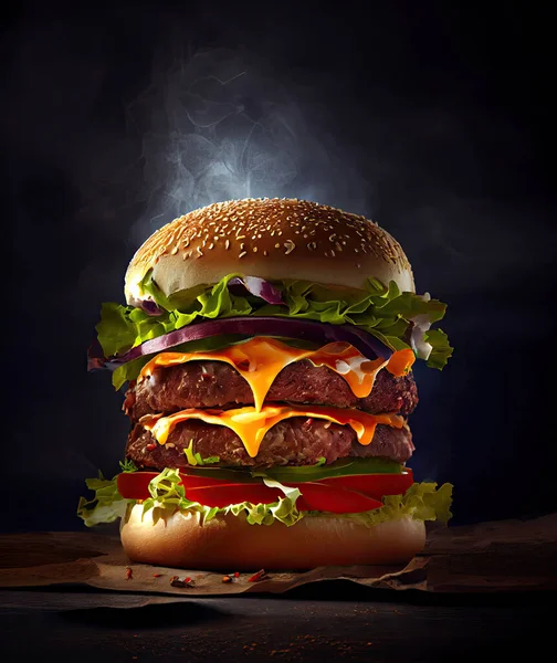 Colourful Mega Cheeseburger Dark Background — Stockfoto