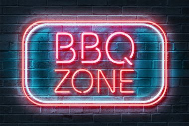 BBQ Zone Neon Sign 3D illustration on a dark brick background. clipart