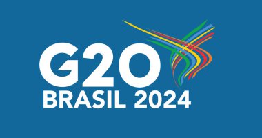 G20 Brezilya 2024 vektör logosu, yaklaşan zirve için uluslararası işbirliği, diplomasi ve birliği sembolize eden cesur metnin üzerinde canlı ve renkli kurdeleler içeriyor.