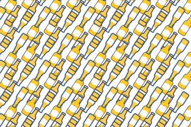 Modern bir vektör tasarımında bira şişelerinin tekrar eden desenleri. Bar, bar ya da kutlama temalı ürünler için mükemmel. Eğlenceli, minimalist ve geometrik bir tarzı var..