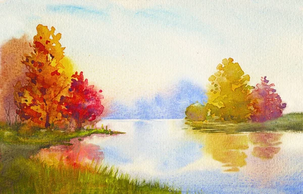 Autumn watercolor landscape hand drawn illustration with trees with vibrant foliage, river or lake water surface with reflections